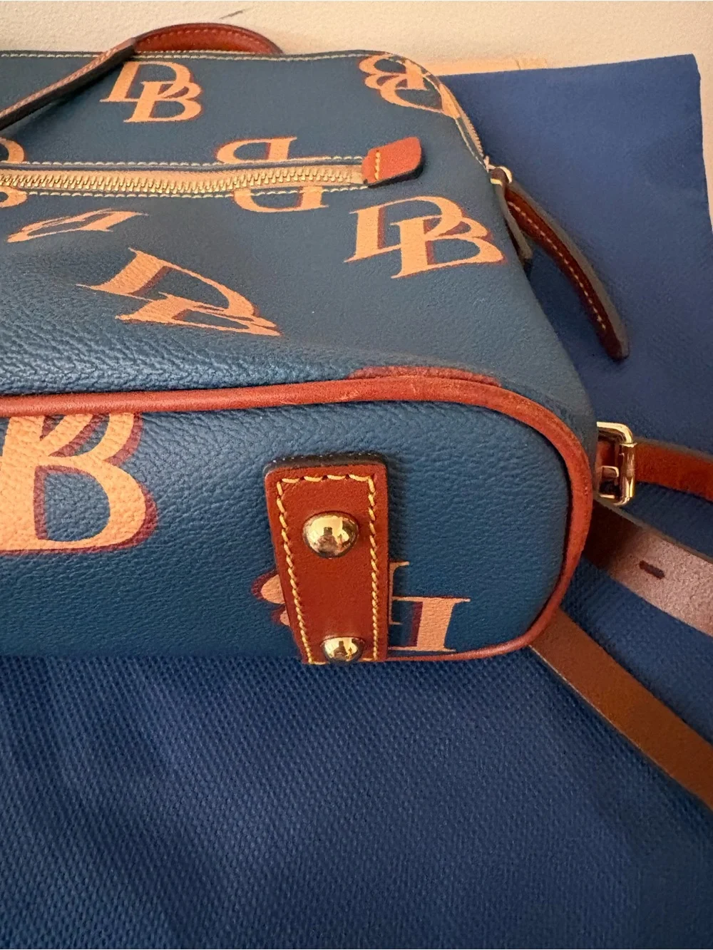 Dooney & Bourke Blue Backpack with Tan Monogram Accents w/ Dust Bag